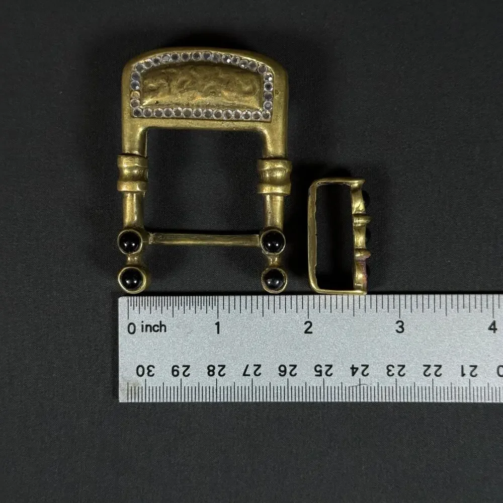 Belts By Lois Solid Brass Belt Buckle Set Black Rhinestone Vintage
